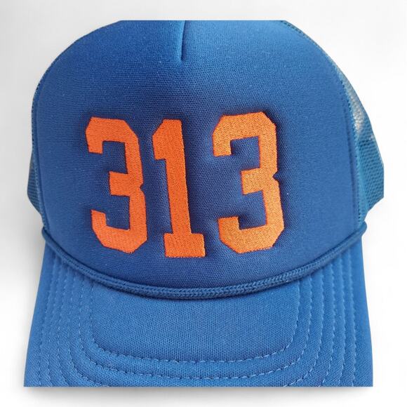 New 313 Detroit Area Code Trucker Hat Blue Orange Snapback - Picture 2 of 6